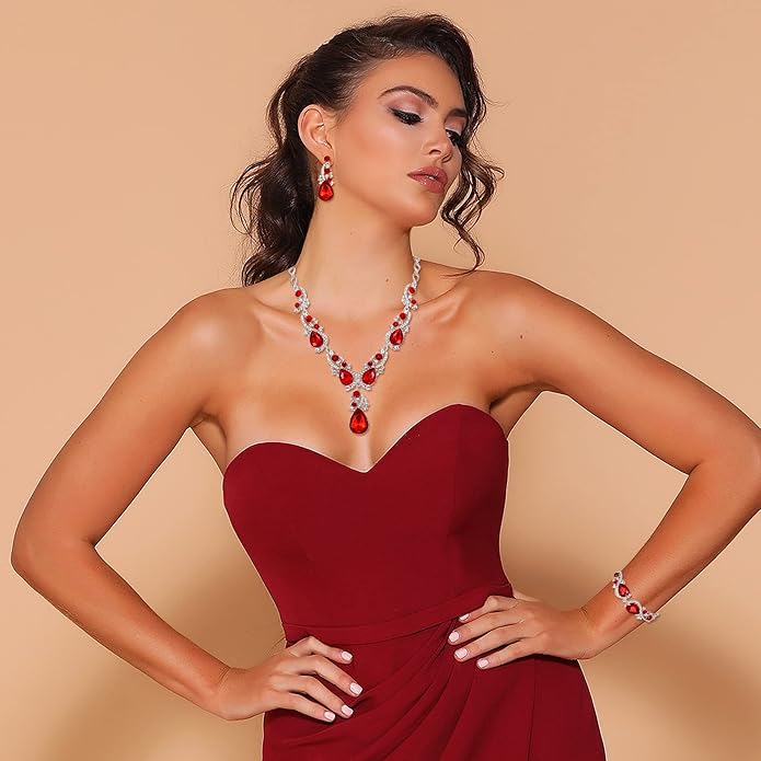 BriLove Wedding Bridal Jewelry for Women Multi Teardrop Cluster Crystal Statement Necklace Dangle Earrings Link Bracelet Set