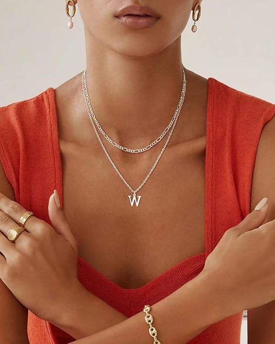 Initial Necklaces for Women Dainty Gold Silver Layered Letter Pendant Necklace Cute Figaro Chain Choker Necklace Personalized Trendy Stuff Jewelry Stack Gift for Women Her