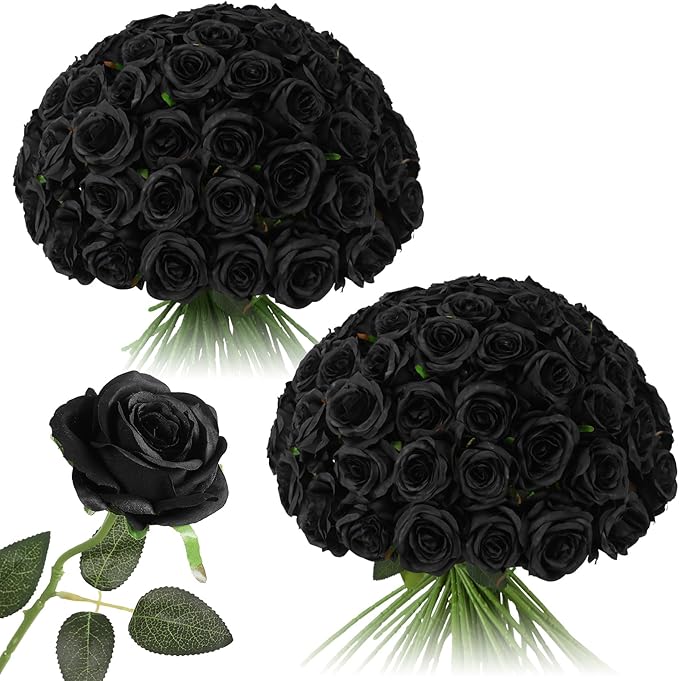 Tifuly 50 Pcs Black Roses Artificial Flowers Bulk,Realistic Long Stem Fake Silk Roses for Wedding Centerpiece Table Vases Party Home Kitchen DIY Bouquets Decor