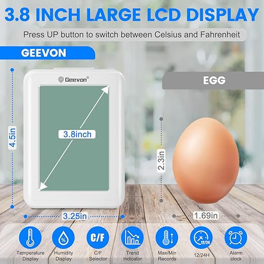 Geevon Digital Hygrometer Indoor Outdoor Thermometer Wireless with Clock, Backlight Temperature Gauge Humidity Monitor, Inside Outside Thermometer with 200ft/60m Range Remote Sensor,White