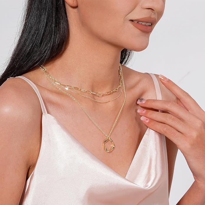 Layered Gold Necklaces for Women, Stackable 14K Gold Plated Necklace, Dainty Cross/Circle/Heart Pendant layered Necklace, Adjustable Dainty Gold/Silver Necklace Jewelry Set for Women
