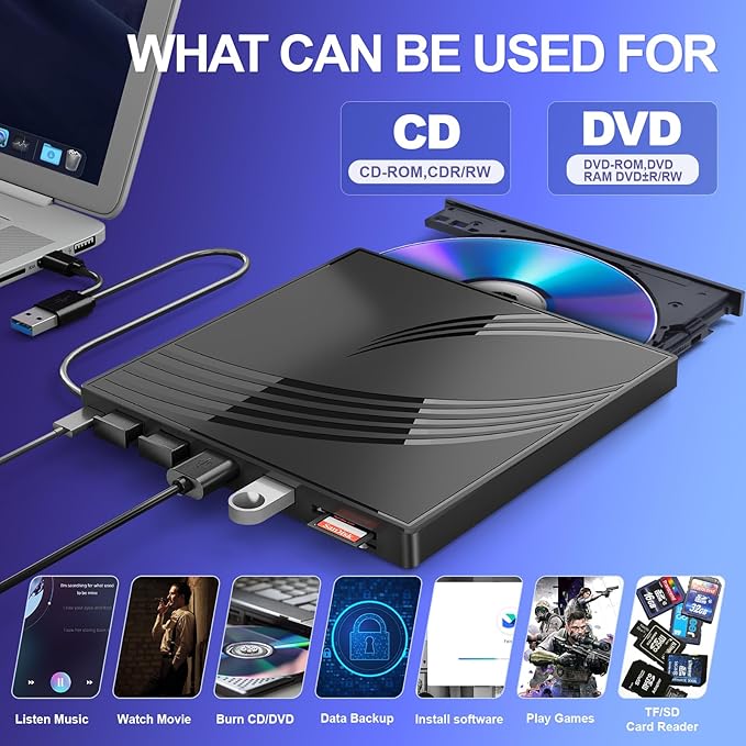 External CD/DVD Drive for Laptop, Ultra Slim CD Burner USB 3.0 Hub with 4 USB Ports, 2 TF/SD Card Slots,1 Type-C Port,DVD Player for Laptop Compatible with mac OS/Windows/Linux (Black)