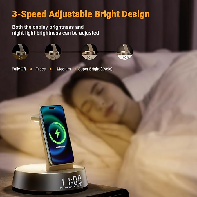 Alarm Clock with Wireless Charging Station, Clock for Bedroom with Dimmable Night Light Bluetooth Speaker, Wireless Charger Dock Station for iPhone 17 16 15 14 13 12 Pro Max, Apple Watch