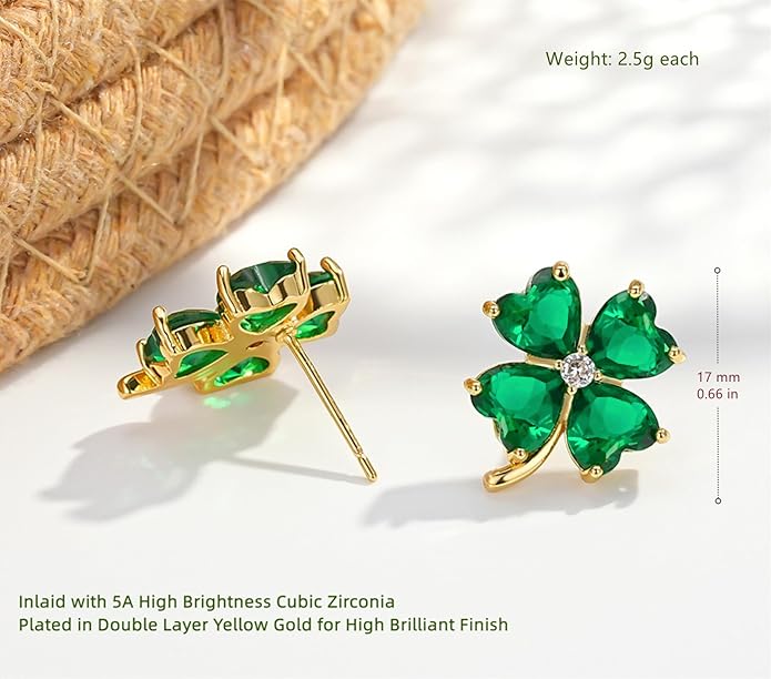 VONSSY Four Leaf Clover Necklace Earrings Shamrock Irish ST Patricks Jewelry Set Gift 18k Gold Plated Green Emerald Zircon Diamond Crystal Lucky Saint Pendant for Woman Wife Girlfriend Mom