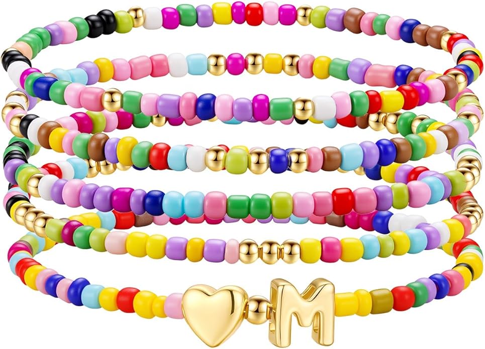 M MOOHAM Valentines Gifts for Kids - 5PCS Colorful Beaded Initial Bracelets for Girls Women Cute Stretch Heart Letter Bracelet Initial Stackable Bracelet Birthday Gift Jewelry for Kids Teen Girl