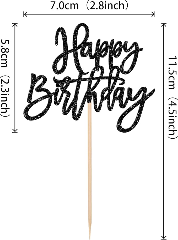 24 PCS Glitter Cupcake Toppers - Happy Birthday & Anniversary Cake Decorations - Black