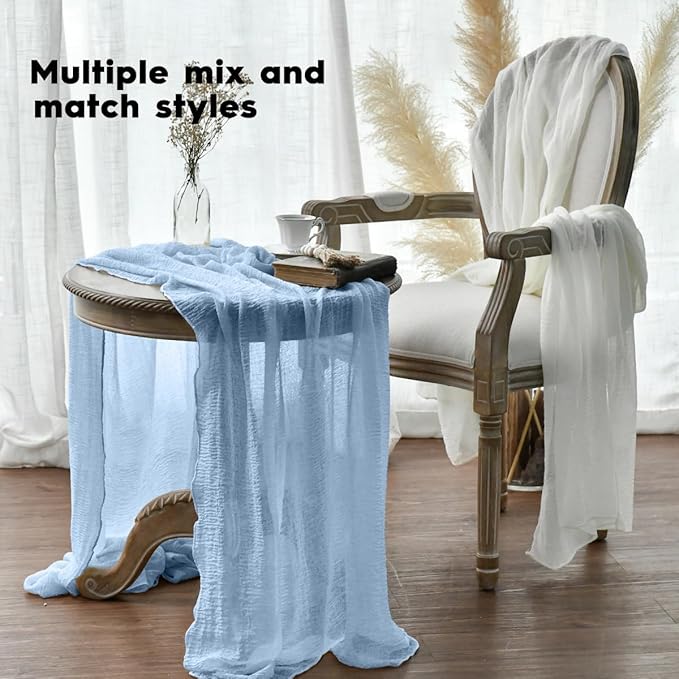 Artoid Mode Boho Cheesecloth Gauze Ice Blue Wedding Table Runner, 120 Inch Seasonal Fabric Kitchen Dining Holiday Table Decor for Home Party Indoor