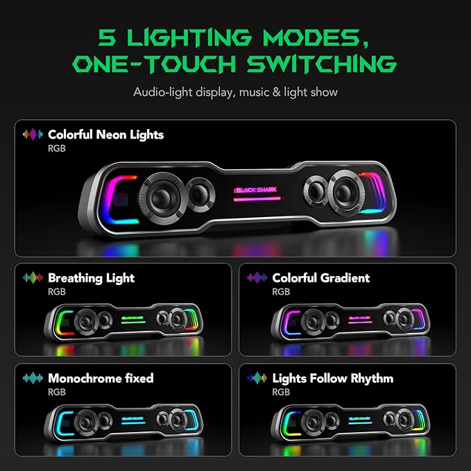 Black Shark BS-SP1 Bluetooth Computer Speakers for Desktop, 5 Colorful Lights Gaming PC Speaker with Stereo Sound, USB C/USB Powered Sound-bar for Computer Desktop PC Monitor Laptop