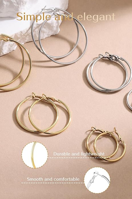 4/6 Pairs Gold Silver Hoop Earrings for Women 14K Gold Plated Hypoallergenic 2mm Thin Hoops Stainless Steel Lightweight Dangle Set 30/40/50/60mm