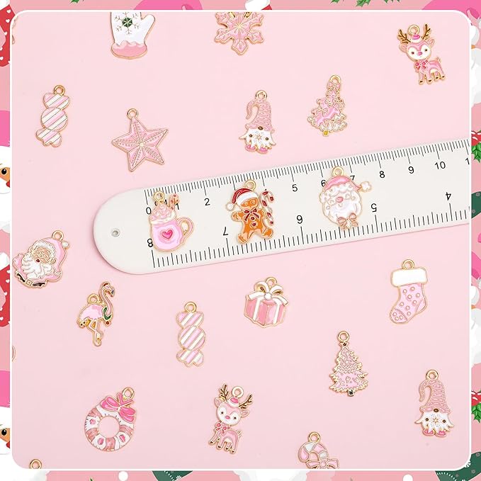 MARFOREVER 40 Pcs/20 Pairs Christmas Charms for Jewelry Making, Pink Christmas Enamel Charm Holiday Xmas Bangle Pendants for Bracelet Necklace Earrings Making Accessories