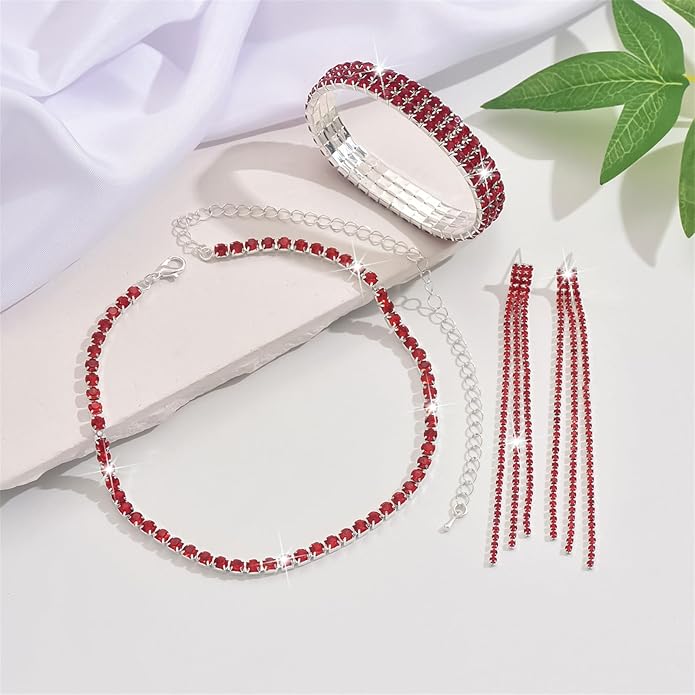 PINK TOWN Vintage Rhinestone Bridal Jewelry Sets,Crystal Wedding Prom Earrings Necklace Bracelet Set Fashion Zircon Bride Jewelry Dress Accessories for Women