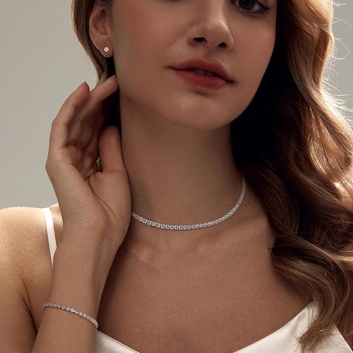 Tennis Necklace Bracelet for Women, Dainty Sterling Sliver Choker Necklace Crystal Link Bracelet Stud Earrings for Women Wedding Jewelry for Bride Jewelry Set Accessories