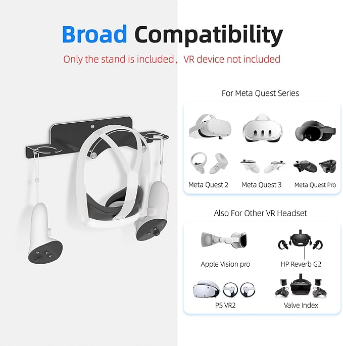 VR Headset Wall Mount Storage Stand Hook Compatible with Meta Quest 3/Meta Quest 3S/Quest Pro/Quest 2 Metal VR Headset Hook Storage Rack Holder(Aluminum Alloy-Black)