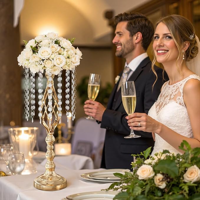 10Pcs 21.5 Inch Gold Wedding Centerpieces Vase Tall Crystal Flowers Stand for Table Elegant Metal Flower Arrangement Vases for Reception Road Lead Birthday Party Anniversary Home Decorations