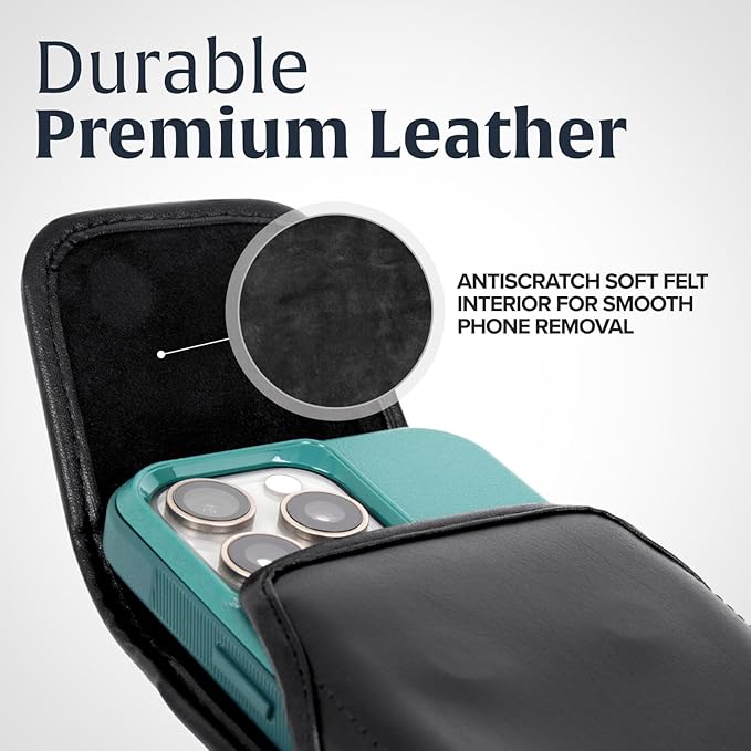 Turtleback Belt Holder for iPhone 16 Pro, 16e, 15 pro 14 Pro 13 Pro -Medium- Fits w/Shockproof Commuter Style Cases, Premium Black Leather Vertical Holster, Magnetic Closure Leather Wrapped Clip