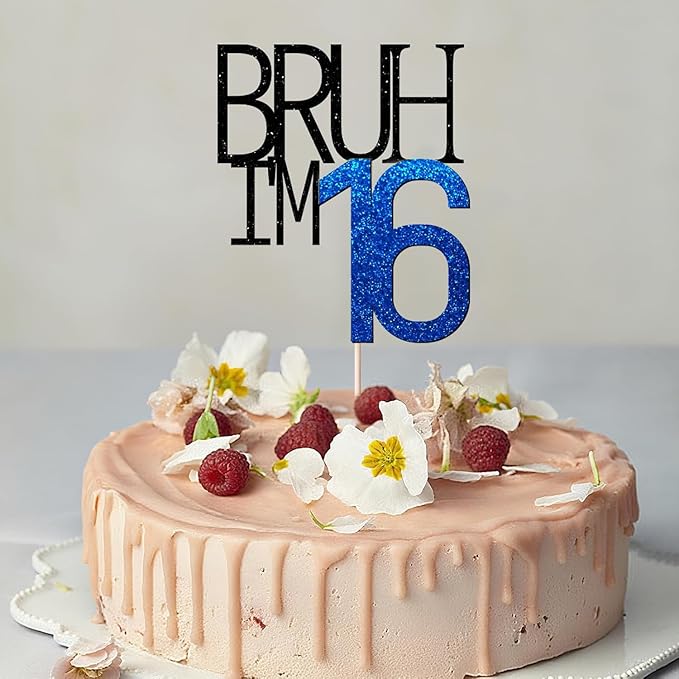 Bruh I'm 16 Cake Topper - Bro I'm 16, Happy Sweet 16 Ornament for Boys' 16th Birthday Party Supplies (blue 16)