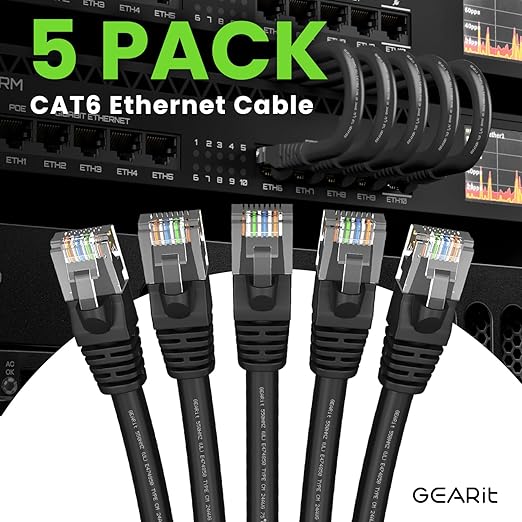 GEARit Cat 6 Ethernet Cable Pack - 5-Pack 3 ft Cat6 Ethernet Patch Cables | RJ45 Network Patch Cable, 10 Gbps Snagless Gold-Plated Connectors - Ethernet Cable Cat 6 for PC, TV, Router - Black