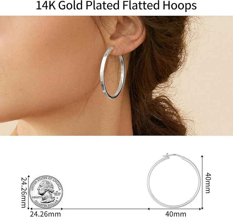 Gacimy Flatted Hoop Earrings for Women 14K Gold Plated with 925 Sterling Silver Post