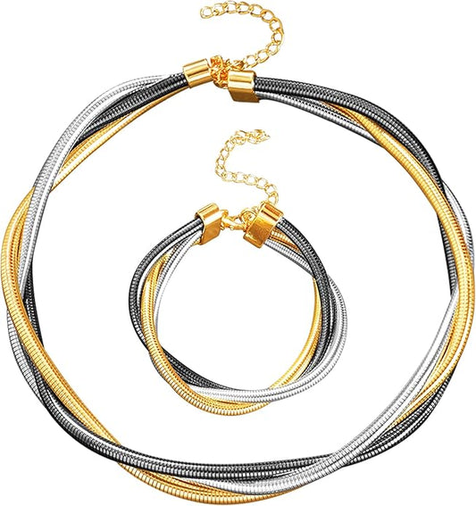 YBMYCM Chunky Gold-plated Silver Jewelry Set Multi Strands Stainless Steel Choker Necklace Bracelet Set for Women