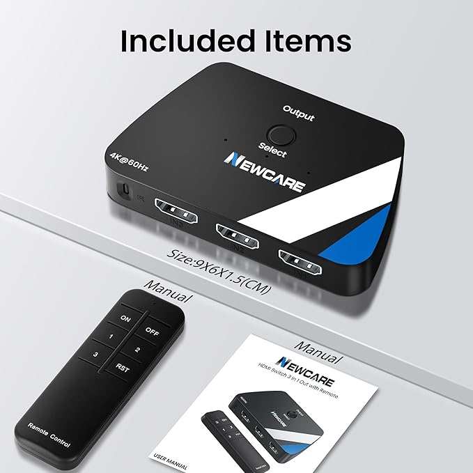 NEWCARE HDMI Switch 3 in 1 Out, 4K@60Hz HDMI Splitter with Remote, HDMI Switcher Support HDCP2.2 Dolby HDR10+ VRR 3D, Compatible with TV PS5/4 Xbox Laptops PC Projector Blu-ray Player