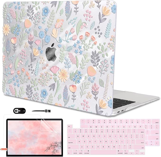for MacBook Pro 13 inch Case 2022 2021 2020-2016 Release M2 M1 Chip A2338 A2251 A2289 A2159 A1989 A1706, Shiny Pattern Plastic Hard Shell Case Keyboard Cover Screen Film, Starry Sky Flowers