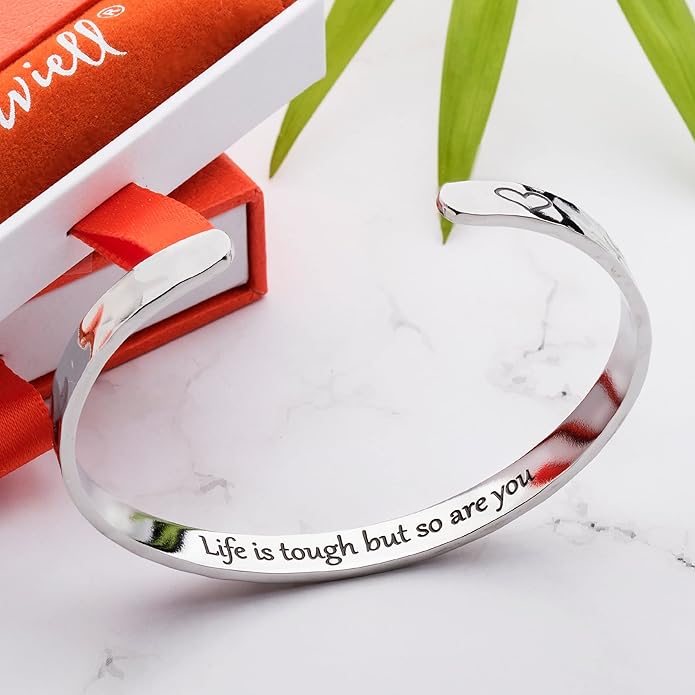 Carviell Engraved Cuff Bracelets for Women – Inspirational, Friendship, Love, Mom, Daughter, Sister, Christian, Graduation, Memorial & Wedding Gifts – 80+ Phrases – Stainless Steel, Gift-Ready