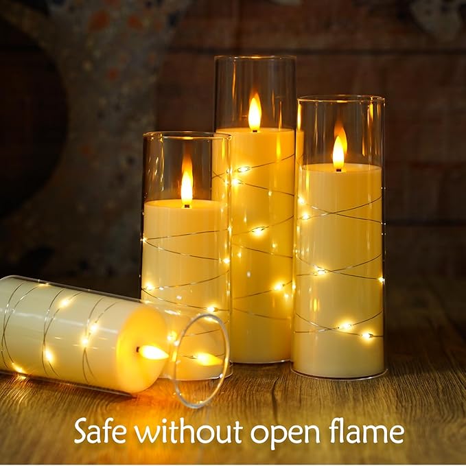 Flameless Candles with Embedded Star String, Battery Operated LED Pillar Candles with Timer and Remote Control,Home Decorating for Ambiance， Set of 7(Ivory)