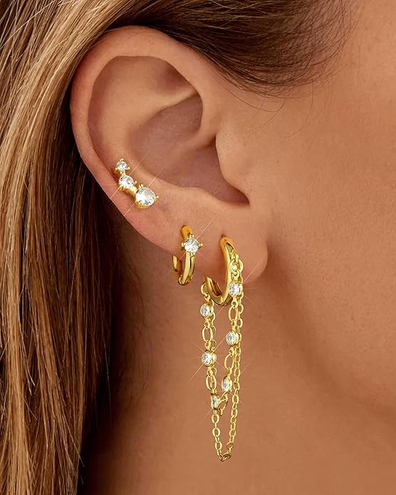 Tassel Chain Small Gold Hoop Dangle Earring For Women Huggie Earring Heart Star CZ 14K Gold Plated Fashion Jewelry Friendship Gift