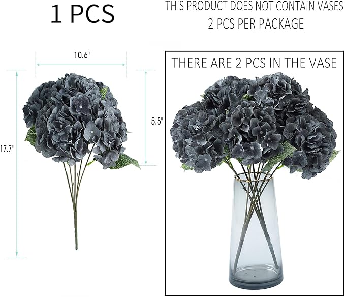 Kimura's Cabin 2Bouquets Fake Flowers Vintage Artificial Silk Hydrangea Flowers Bouquets 10Heads for Indoor Home Table Centerpieces Wedding Halloween Party Decoration (Dusty Black Blue, Pack of 2)