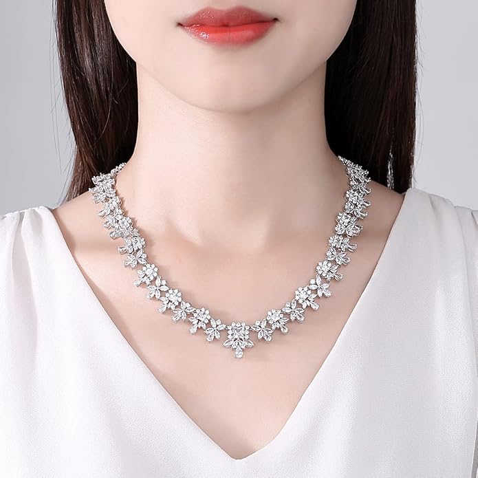 14K Gold Women's Jewelry Set, Natural Crystal Necklace & Moissanite Earrings, Luxurious Bridal/Wedding Fashion Accessory
