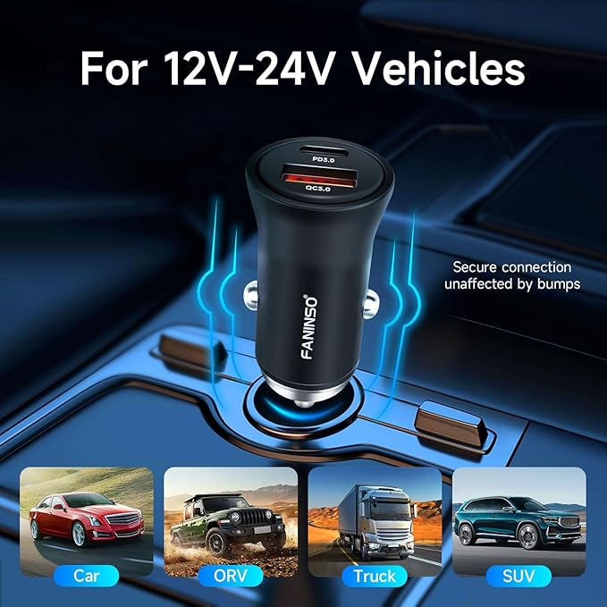 60W Car Charger USB C Fast Charge, Aluminum Dual Port Cigarette Lighter Adapter, Car Phone Charger for iPhone 16/15/14 Pro Max Plus, iPad, Samsung Galaxy S24/S23/S22 & More