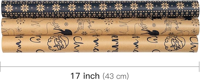 RUSPEPA Christmas Wrapping Paper Rolls - Mini Roll - 17 inches x 10 feet per Roll, Total of 3 Rolls - Reindeer and Snowflake