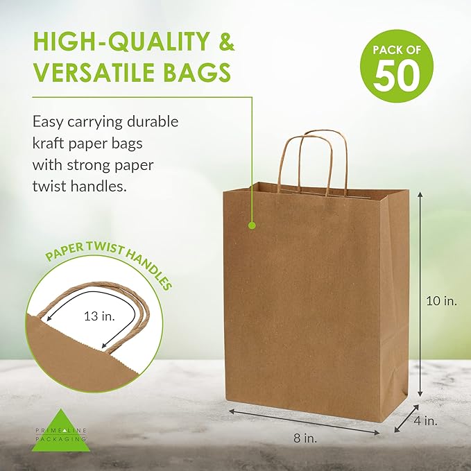 Prime Line Packaging Kraft Paper Bags, Brown Gift Bags with Handles, Small Craft Shopping Bags in Bulk for Boutiques, Small Business, Retail Stores, Gifts & Merchandise, Brown, 8x4x10 Inch, 8x4x10