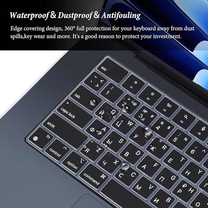 Russian Language Keyboard Cover Skin Compatible for 2025-2022 MacBook Air 15.3 inch A2941 A3114 A3241/MacBook Air 13.6 inch A3113 A2681 A3240 with M4 M3 M2,MacBook Air 2025 Keyboard Protector-Black