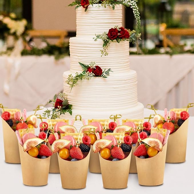 50 Sets 14 oz Charcuterie Cups with Sticks, Individual Kraft Paper Charcuterie Boxes Disposable Individual Appetizer Serving Cups (50 Cups + 200 Cocktail Picks + 50 Bags + 50 Ties)