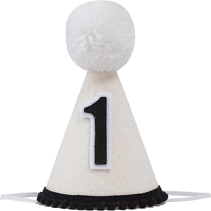 Brand Baby First Birthday Crown Hat, Black and White with Pom-poms, Small Size Party Headwear, Felt Material, Handmade, Suitable for Birthday Party Themes.