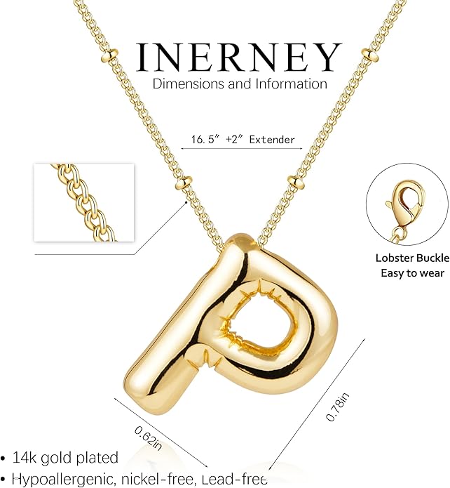 Inerney Valentines Day Gifts Gold Bubble Letter Necklace Initial Necklaces for Women, Chunky 14K Plated Balloon Initials, Trendy Charm Non Tarnish Custom Name Pendant Jewelry Gifts for Mom