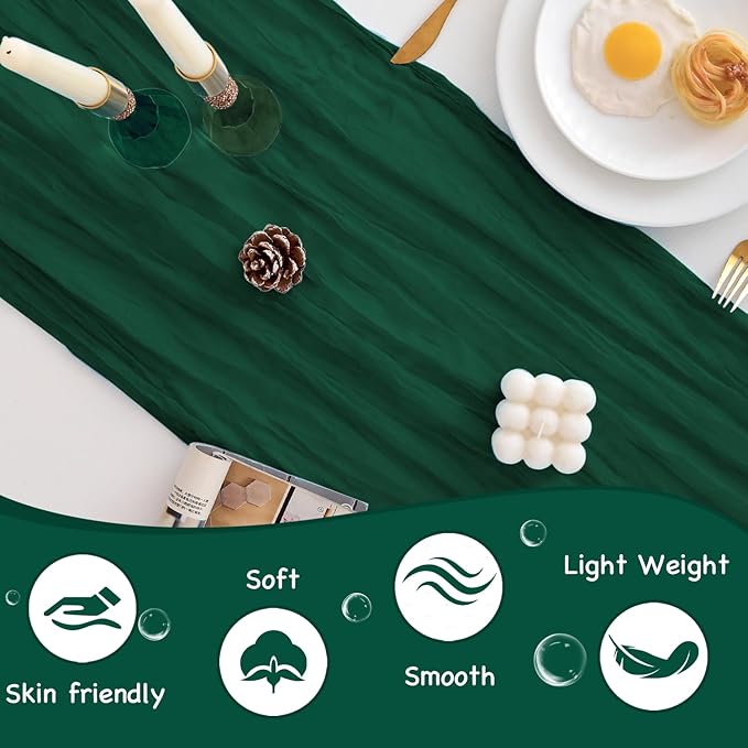 10 Pack Emerald Green Table Runner 120 Inch Cheesecloth Table Runner 10FT Boho Gauze Table Runner Long Cheese Cloth Table Runner Semi Sheer Runners for Wedding Bridal Baby Shower Party