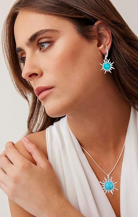 Genuine Sun Turquoise Jewelry Set for Women, Sterling Silver Native American Neckace and Dangle Earings Western Jewelry Birthdays Gift