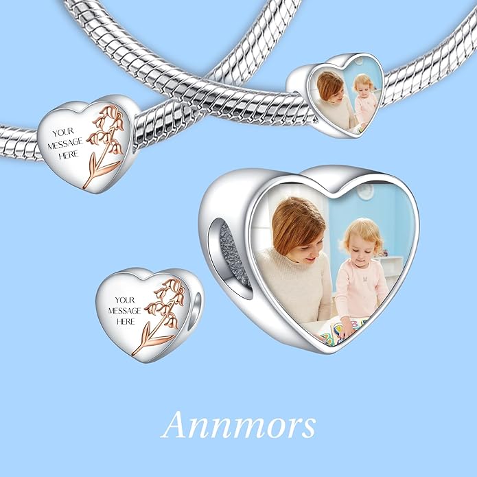 Annmors Personalized Photo Charm for Bracelet Necklaces,925 Sterling Silver Charm Love Heart Shaped Engraved Customize Picture Gift for Birthday Mother's Day Christmas,Bead Charms Jewelry for Women