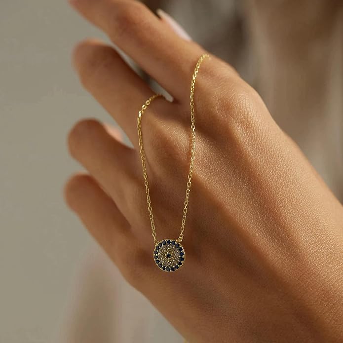 Evil Eye Necklace for Women 14K Gold Plated Delicate Necklaces Blue White CZ Diamond Pendant Necklace Cute Boho Tiny Evil Eye Lucky Protection Jewelry Gift for Women