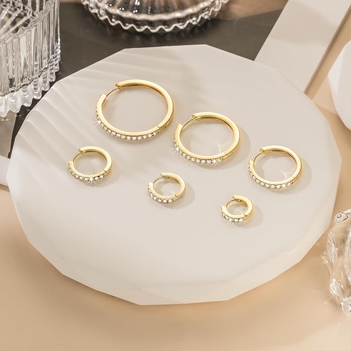 NEARLAND 14K Gold Hoop Earrings for Women 14K Gold Earrings Hypoallergenic Lightweight Small Hoop Earring for Womens with Round Cubic Zirconia Huggie Hoops Earring for Women 12/14/16/20/25/30mm