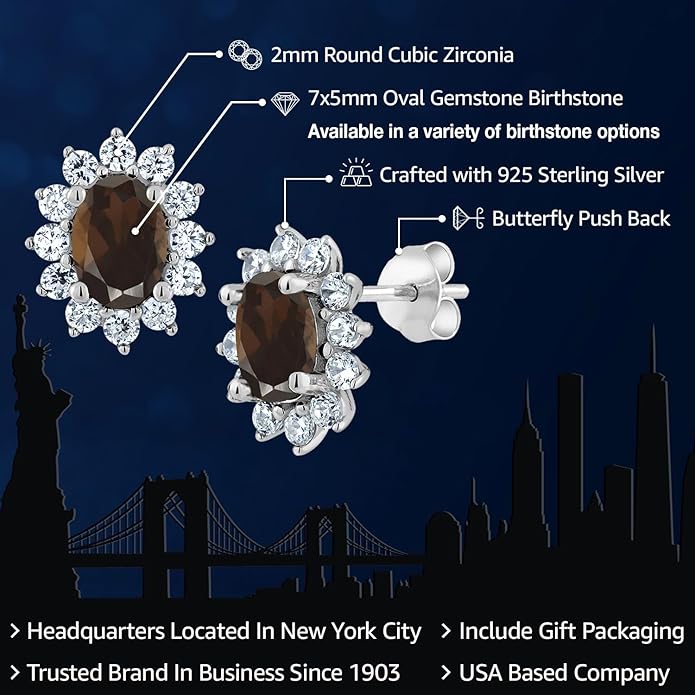 Gem Stone King 7X5MM Oval Gemstone Birthstone Stud Earrings For Women | Princess Diana Royal Halo Style | 925 Sterling Silver | Fine Jewelry Gifts for Anniversary Wedding Her Mom Women Wife