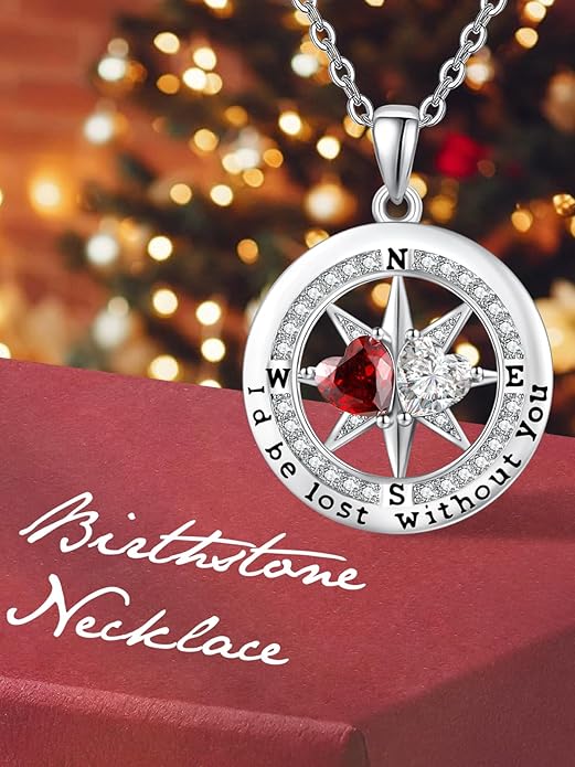 Compass Necklace for Women, Exquisite S925 Valentines Day Anniversary Birthday Gifts for Wife Her Double Birthstone Pendant Jewelry ‘I'd be Lost Without You’