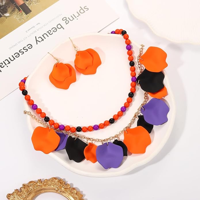 Flower Petal Necklace Earrings Set Layered Statement Beaded Jewelry Set for Women Summer Necklace Earrings