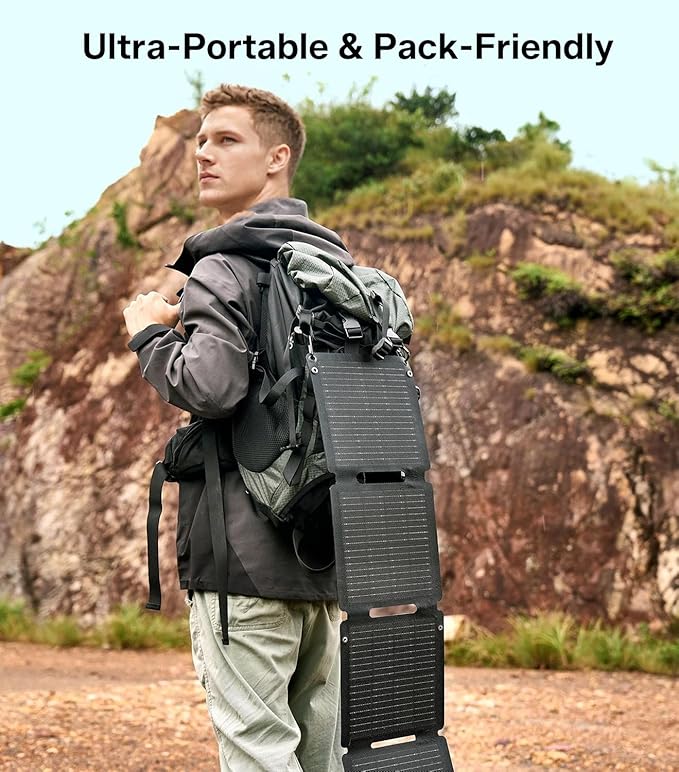 PEAKFLOW 30W Solar Panel,Foldable Portable Solar Panel,25.4% High-Efficiency, USB-A and 2 USB-C Ports, Folding IP 68 Waterproof Solar Panels with Carabiners for Camping