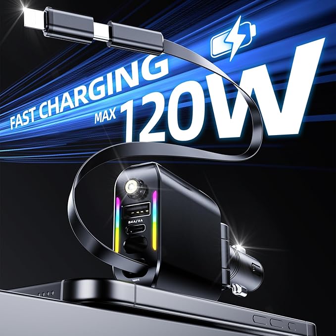 [2025 Ultra-Slim, 75% Less Space] Retractable Car Charger with Starlight, Max 120W USB C Car Charger Adapter, Cars Phone Chargers Fast Charging, Car Chargers for iPhone 16 15 Pro Max Plus and Android