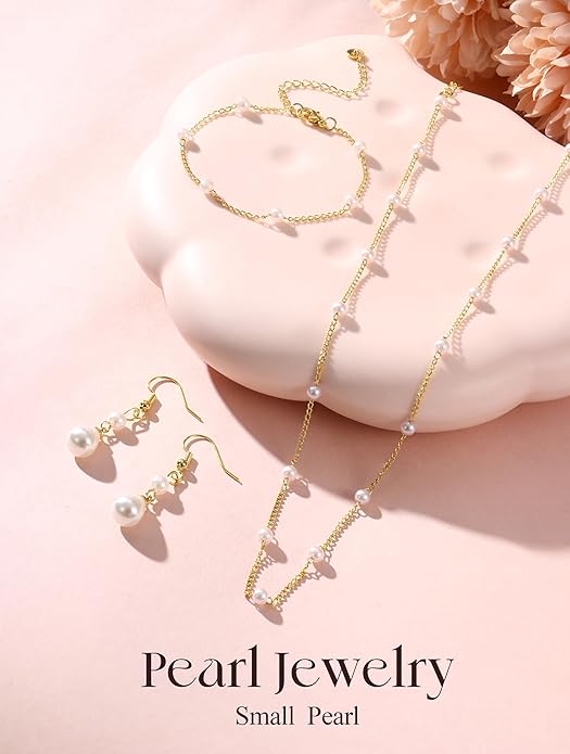 YADOCA Gold Jewelry Set for Women - 16K Gold Plated Pearl Necklace and Earring Set With Drop Earrings,Charm Layered Necklace,Adjustable Bracelets - Dainty Women's Pearl Jewelry Set For Wedding Gifts