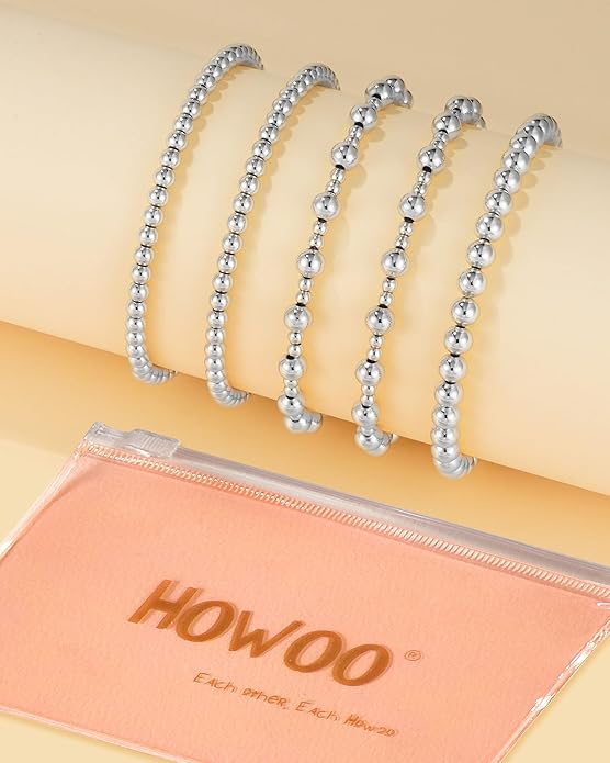 Howoo Gold Bracelets for Women Beaded Initial Bracelet Stack Dainty Heart Stretch Gold Charm Bracelet Jewelry for Women Trendy