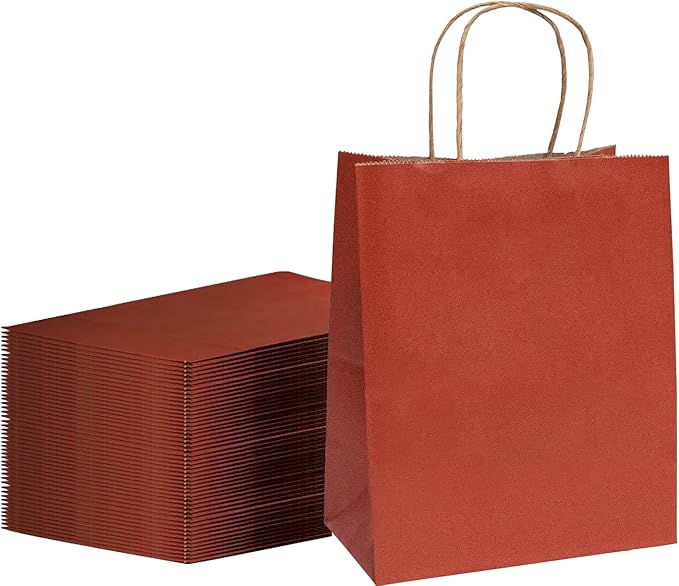 FACEBAG 100-Pack Red Paper Bags with Handles Bulk,8x4.25x10.5 Inch Gift Bags, Red Kraft Paper Bags, Applicable to Retail, Party, Shopping, Festival，Reusable & Durable